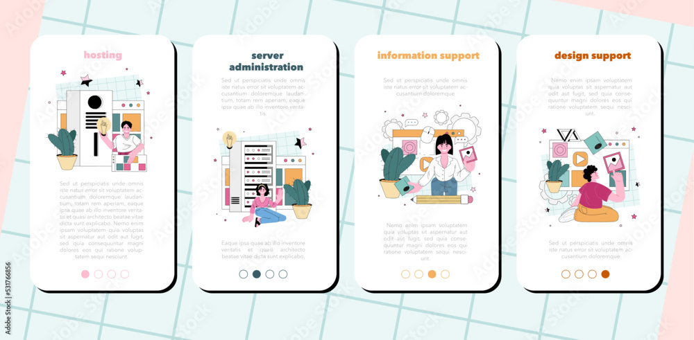 Poster website technical support mobile application banner set. idea of web page