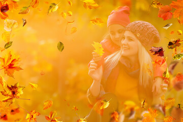 Happy family on autumn walk Mother and daughter walking in the Park and enjoying the beautiful autumn nature.