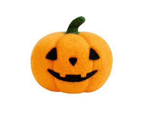 Halloween pumpkin isolated on a transparent background. Toy Halloween pumpkin made of wool. Felting.