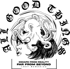 Hand draw face with octopus slogan Vector design for t-shirt graphics, banner, fashion prints, slogan tees, stickers, flyer, posters and other creative uses	
