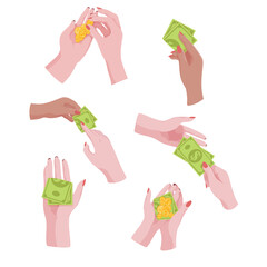 Set of hands with money. Banking operations, charity, money transfer, shopping. Credit, loan. Vector illustration of isolates on a white background.