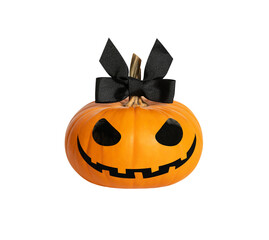 Halloween pumpkin girl with a black bow isolated on a transparent background. Jack o Lantern Lady pumpkin. 
