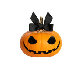 Halloween pumpkin girl with a black bow isolated on a transparent background. Jack o Lantern Lady pumpkin. 