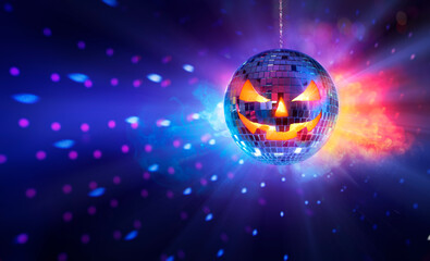 Halloween Mirror Ball In Disco - Pumpkins Face On Sphere In Nightclub With Smoke And Defocused...