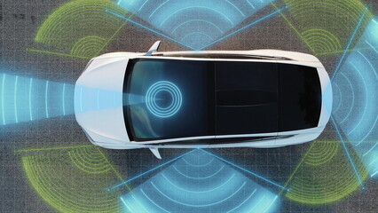 Self Driving Autopilot Car Technologies, Radar, 360, Sensor, Cameras, Laser. Artificial Intelligence Digitalizes and Analyzes Road. Sensor Scanning Road Ahead for Vehicles, Danger, Speed Limits