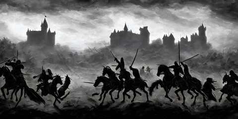 Naklejka na ściany i meble Artistic concept painting of a medieval battle, infantry, background 3d illustration.