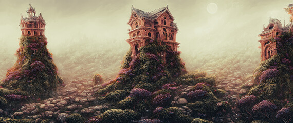 Artistic concept painting of a beautiful tower castle, background 3d illustration.
