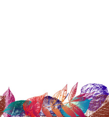 Autumn border of transparent leaf paint imprints or leaf rubbing effects. Multi-coloured layered leaves in bright colours and gradients. Leaf motif at bottom of page.