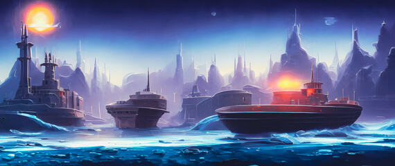 Fototapeta premium Artistic concept painting of ship on the sea, background 3d illustration.