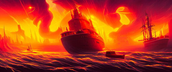 Artistic concept painting of ship on the sea, background 3d illustration.