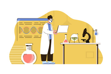 Biological discoveries concept. Scientist is engaged in research in laboratory situation. Microbiological tests people scene. Illustration with flat character design for website and mobile site