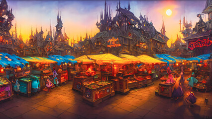 Artistic concept painting of a scary marketplace, background 3d illustration.