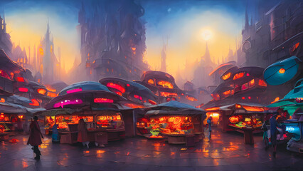 Fototapeta na wymiar Artistic concept painting of a scary marketplace, background 3d illustration.