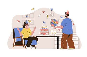 Birthday party concept. Couple in holiday hats drinking champagne situation. Party surprise with cake and gifts people scene. Illustration with flat character design for website and mobile site