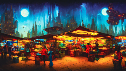 Artistic concept painting of a scary marketplace, background 3d illustration.