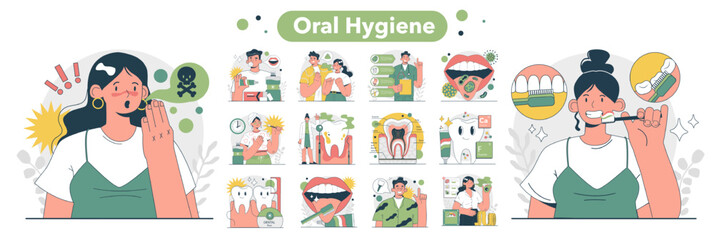 Oral hygiene concept. Dental cleaning tools preventing bad breath - obrazy, fototapety, plakaty