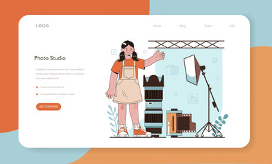 Photography school club web banner or landing page. Students lerning