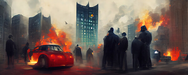 Riot aftermath painting with car and building on fire, dark silhouettes and smoke. Illustration of turmoil and protests on the streets of a big city, anarchy, unrest in a dystopic, anarchy artwork. - obrazy, fototapety, plakaty