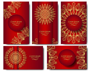 Golden mandala on a red background. Set of five red luxury backgrounds in the design of business cards, postcards, invitations, packaging, labels. 