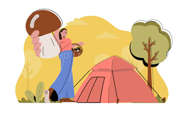 Camping holiday concept. Woman resting with tent in forest, picking mushrooms situation. Outdoor activities people scene. Illustration with flat character design for website and mobile site