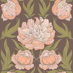 Elegant seamless pattern with peach peonies. A vintage-inspired digital pattern. Floral print.