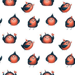Snowbirds in holiday caps. Seamless digital pattern. Red birds. New Year's Eve pattern.