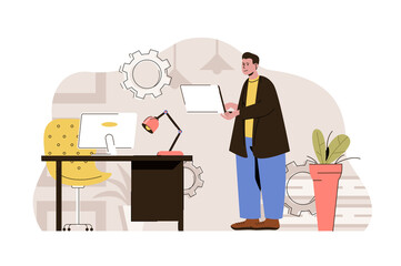 Computer technologies concept. Developer works on laptop, creates software situation. Programmer in office people scene. Illustration with flat character design for website and mobile site