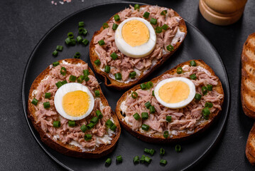 Delicious healthy sandwich with tuna, croutons, boiled egg, herbs and butter