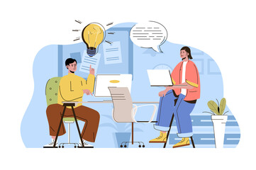 Coworking office concept. Employees brainstorming and working together situation. Coworker or colleagues people scene. Illustration with flat character design for website and mobile site