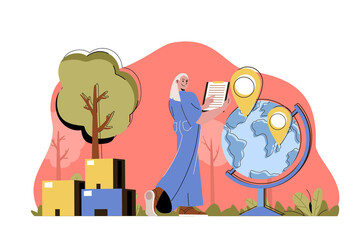 Delivery service concept. Woman operator sends parcels by world situation. Global logistics, express shipment people scene. Illustration with flat character design for website and mobile site