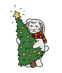 Bunny holding a Christmas tree. New Year, Christmas Greetings. Vector Cartoon Illustration.