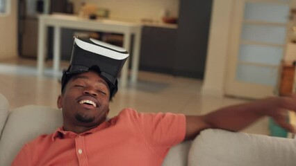 Black gamer winning virtual reality gaming, with a futuristic headset that uses 5g technology to beat competitors and win online games. The metaverse, vr streaming and digital cyber game is high tech
