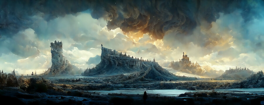 Digital Medieval Icy Painting, Landscape Illustration, Burning Sky, Concept Art For Backdrops And Games