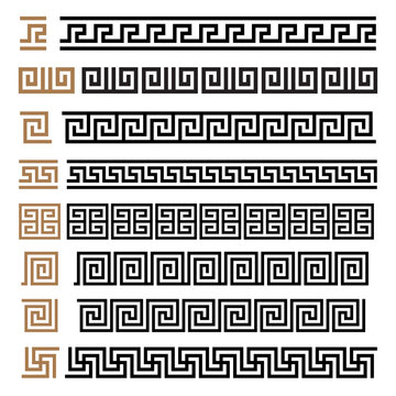 Greek motives vector symbols borders, frames set. Greek key elements collection