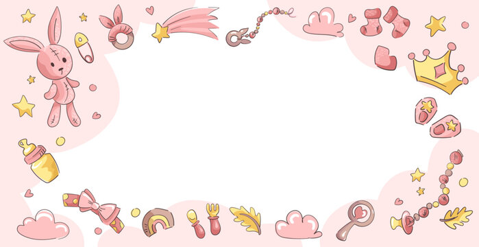 Baby girl shower vector background with pink elements. Cute cartoon Card for baby newborn with space for text or photos. Frame with set of objects, rabbit, pacifier, infant toys, stars, moon, clouds.