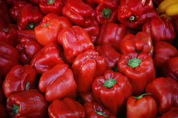 Obraz na płótnie Canvas Red pepper on the counter in the supermarket. A large amount of red pepper in a pile