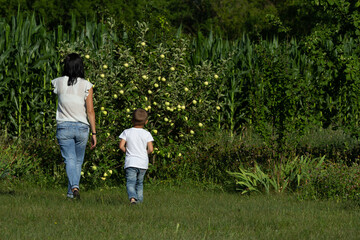 Proper nutrition, Mom and son go to the apple tree, walk in the garden, walk to the fruit tree , proper nutrition,