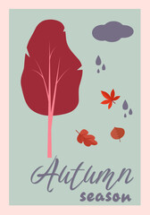 Autumn landscape. Tree and autumn leaves with clouds on a blue background. Falling leaves. Vector.