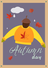 Warm orange sweater with autumn leaves. Lettering. Autumn vibe. Autumn mood. Vector.