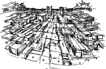 hand drawn architectectural of giant endless urban stucture or city with lots of building and roads a people and mountins in the distance