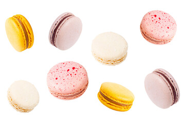 Macaroons sweet food png French dessert . Pastel yellow, pink color  - obrazy, fototapety, plakaty