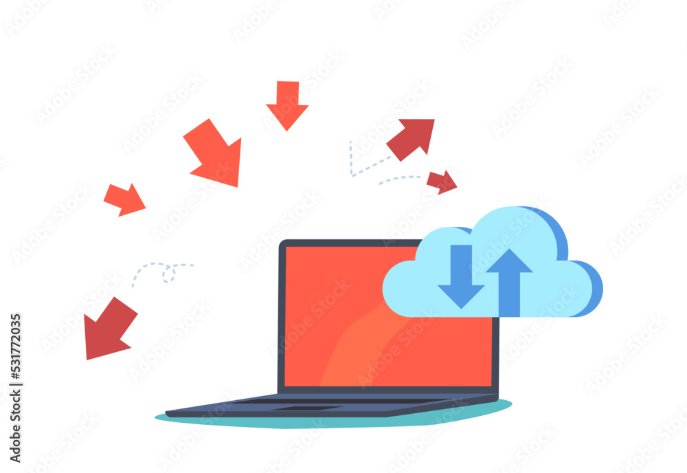 Poster cloud storage protection, hacker and ddos attack threat concept with laptop under red arrows and clo