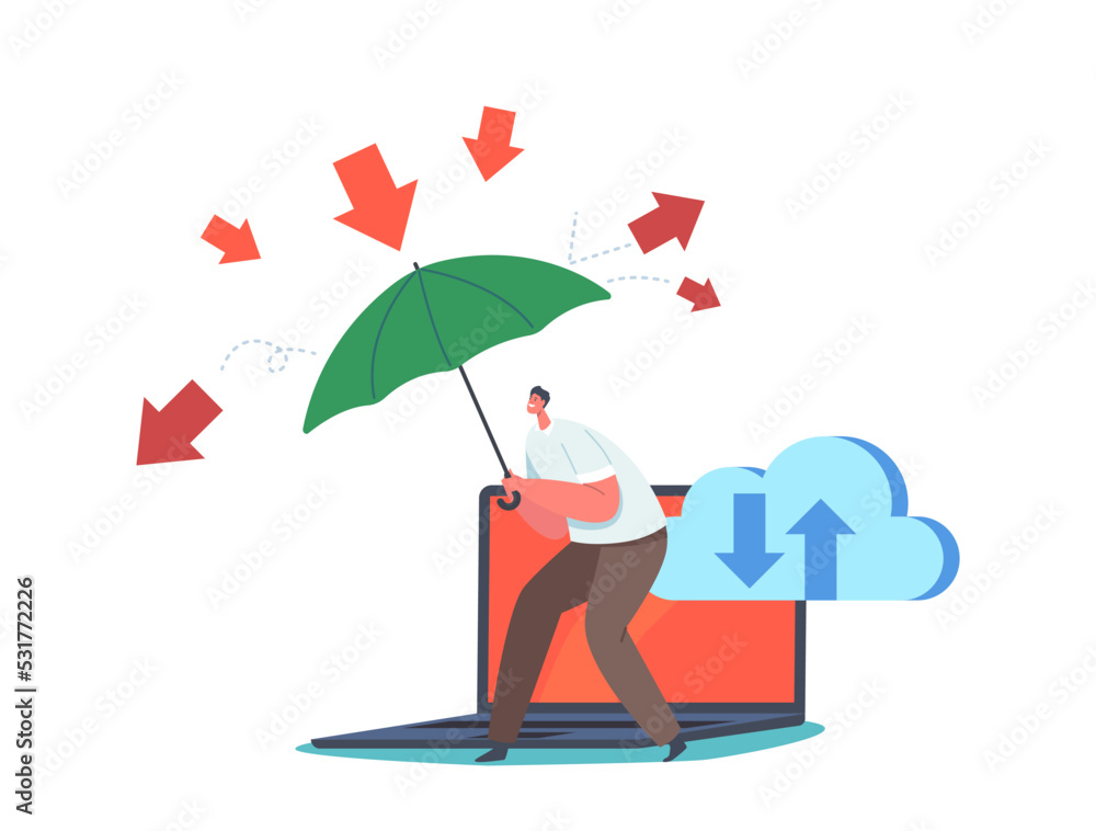 Poster hacker attack and safety digital technology concept. man with umbrella protect computer from virus o
