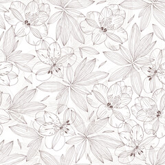 Seamless vector pattern with  flowers and leaves on white.  Floral abstract background.  Line art. Perfect for wallpaper, wrapping, fabric and textile.