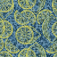 Seamless pattern with  lemons on blue polka dot background.  Hand drawn images. Vector. Perfect for wallpaper, wrapping, fabric and textile.