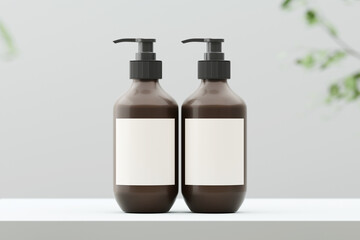 Realistic cosmetic pump bottle product presentation. 3D rendering.