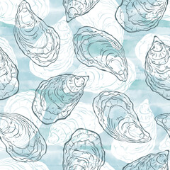 Seamless vector pattern with oysters on blue watercolor background. Templates for menu design, packaging, restaurants and catering. Hand drawn. Perfect for wallpaper, wrapping, fabric and textile.
