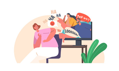 Cyber Bullying, Social Attack, Bully Hate. Female Character Crying front of Computer Screen after Being Bullied