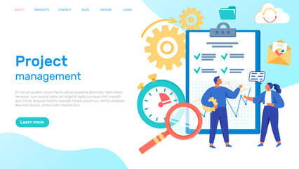 Website for project management web page template. People work with business start-up planning. Employees analyze data for successful project launch. Market research, creation of financial strategy