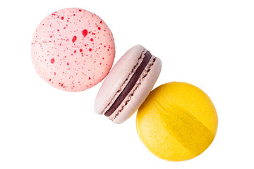 Macaroons sweet food on white background. Pastel yellow, pink color background.